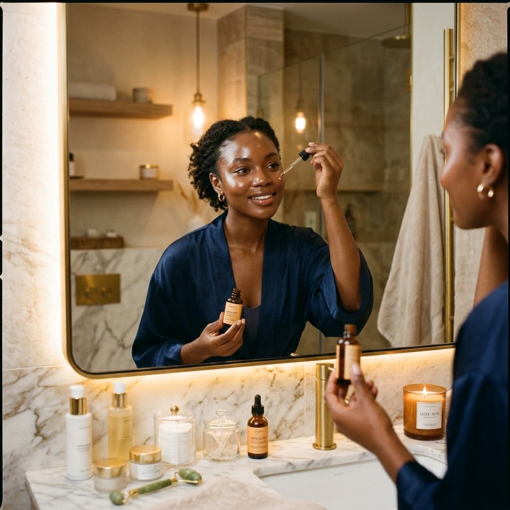 Nigerian woman applying skincare