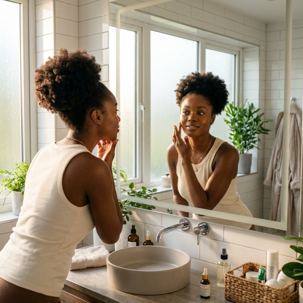Nigerian woman checking her skin in the mirror